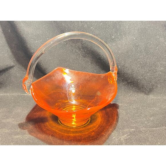 Hand Blown Viking Glass MCM Orange Basket With Clear Handle - Picture 5 of 6